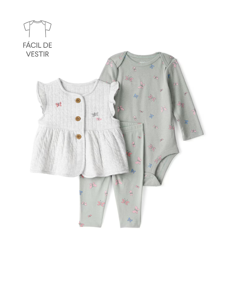 Conjunto longo bebê 3 peças matelassê borboletas - multicor | Carter's