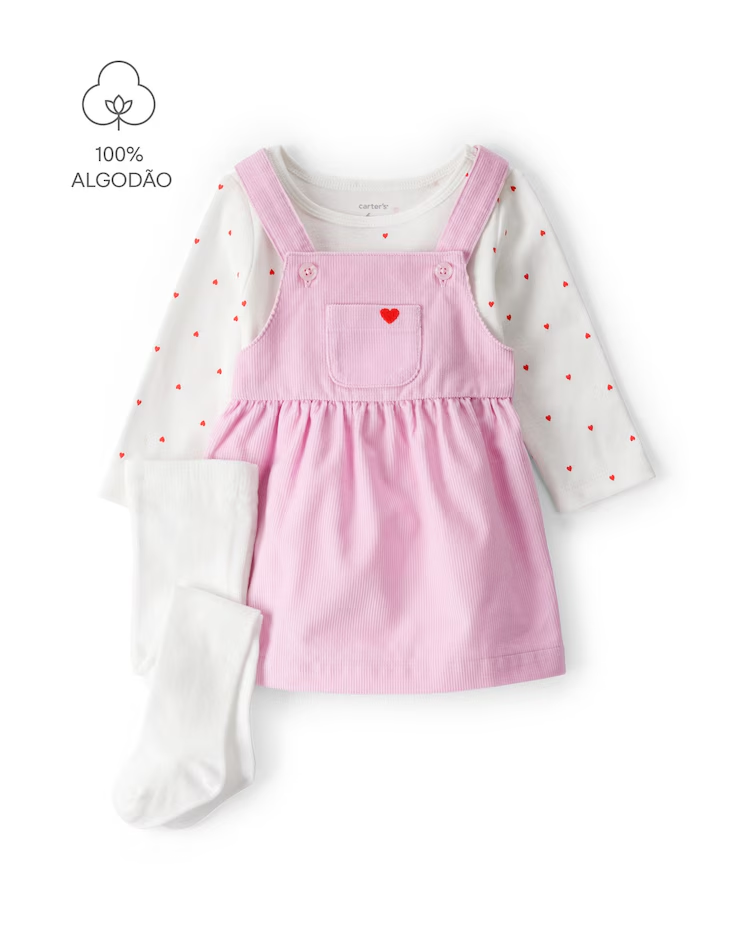 Salopete bebê veludo corações com blusa e meia calça - multicor | Carter's
