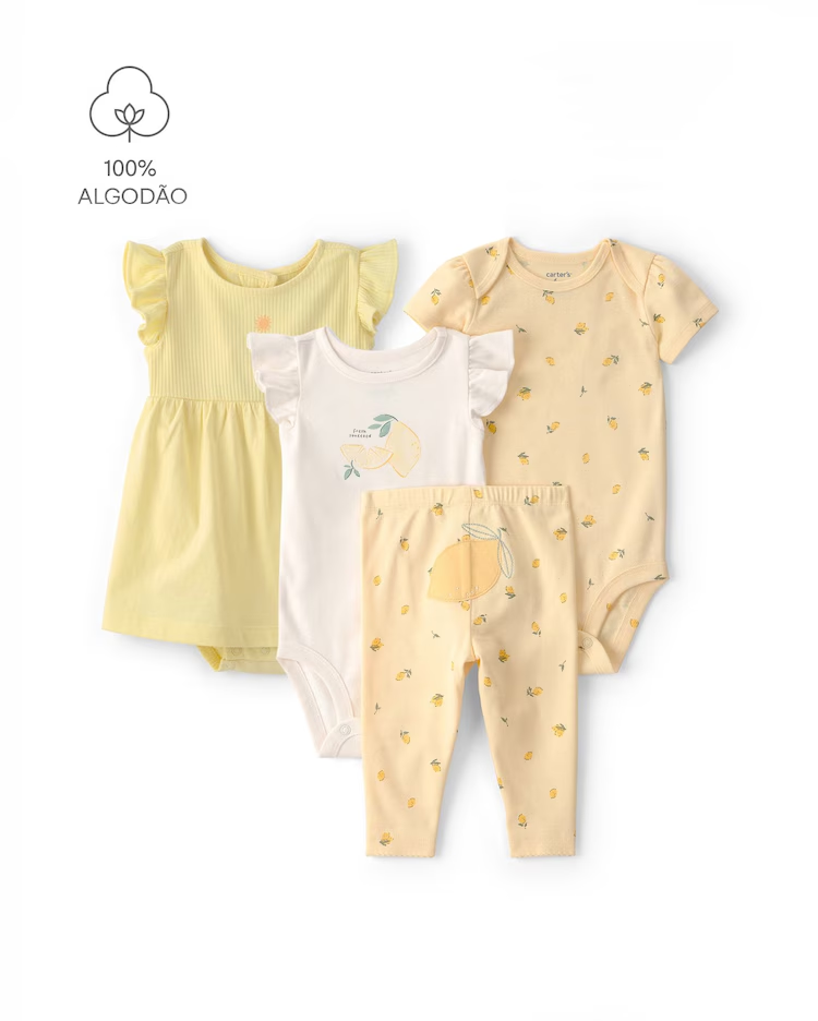 Conjunto bebê 4 peças em algodão estampado e bordado - Multicor | Carter's