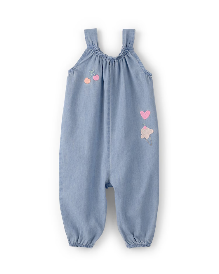 Macacão jeans bebê bordadinhos - denim médio | Carter's